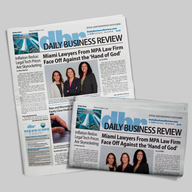 Two issues of Daily Business Review featuring legal news and photos.