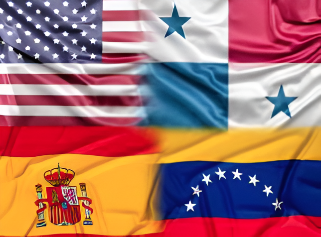 Flags of the USA, Panama, Spain, and Venezuela side by side.